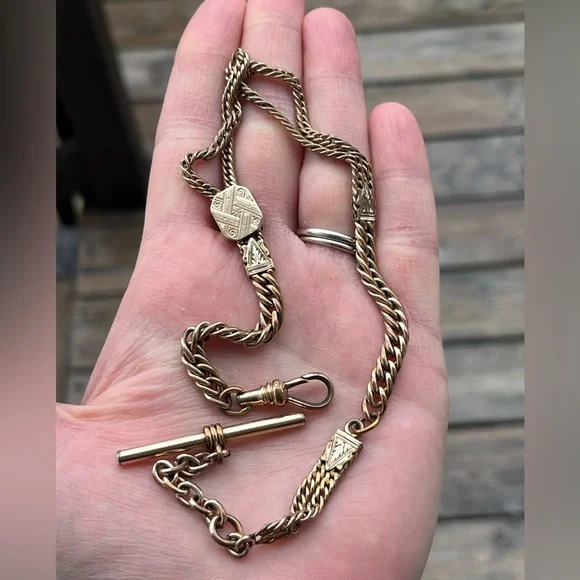 28.46 Gram Gold Filled Albert Chain with Dog Clip, T-Bar and Slide Charm- Flaw - Picture 1 of 17